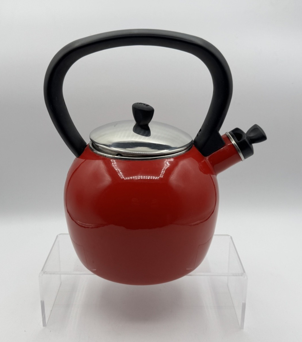 Copco Vintage Red Enamel Teapot Whistling Tea Kettle 2 Quart, Pre-owned